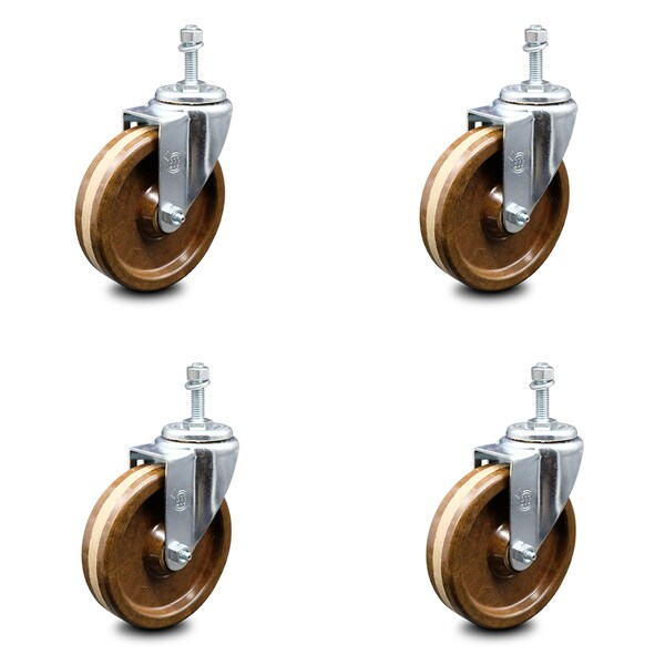 5 Inch High Temp Phenolic Wheel Swivel 3/8 Inch Threaded Stem Caster Set SCC
